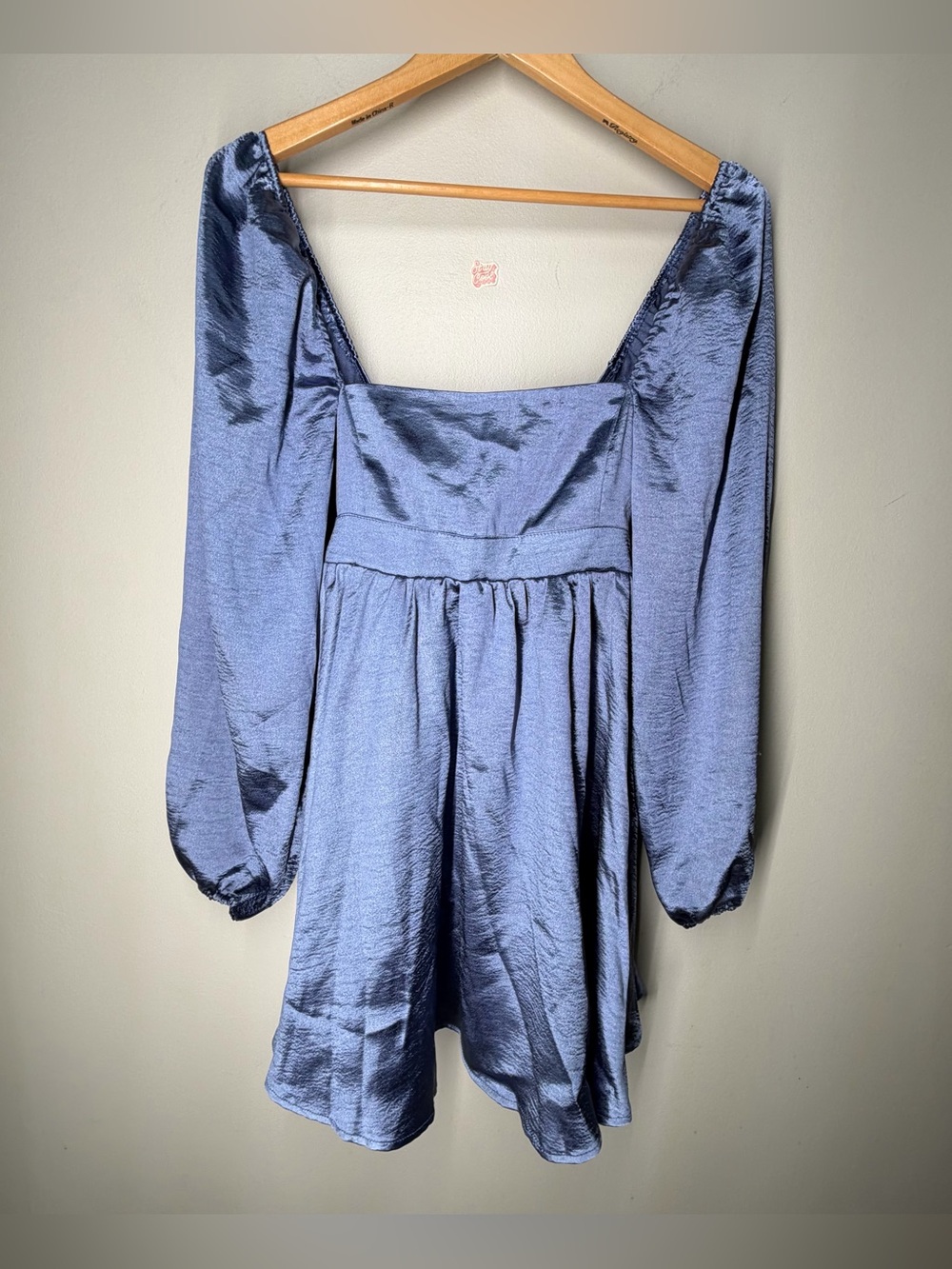 NEW Altar’d State Blue Satin Square Neck Puff Sleeve Dress Back Bow Cocktail